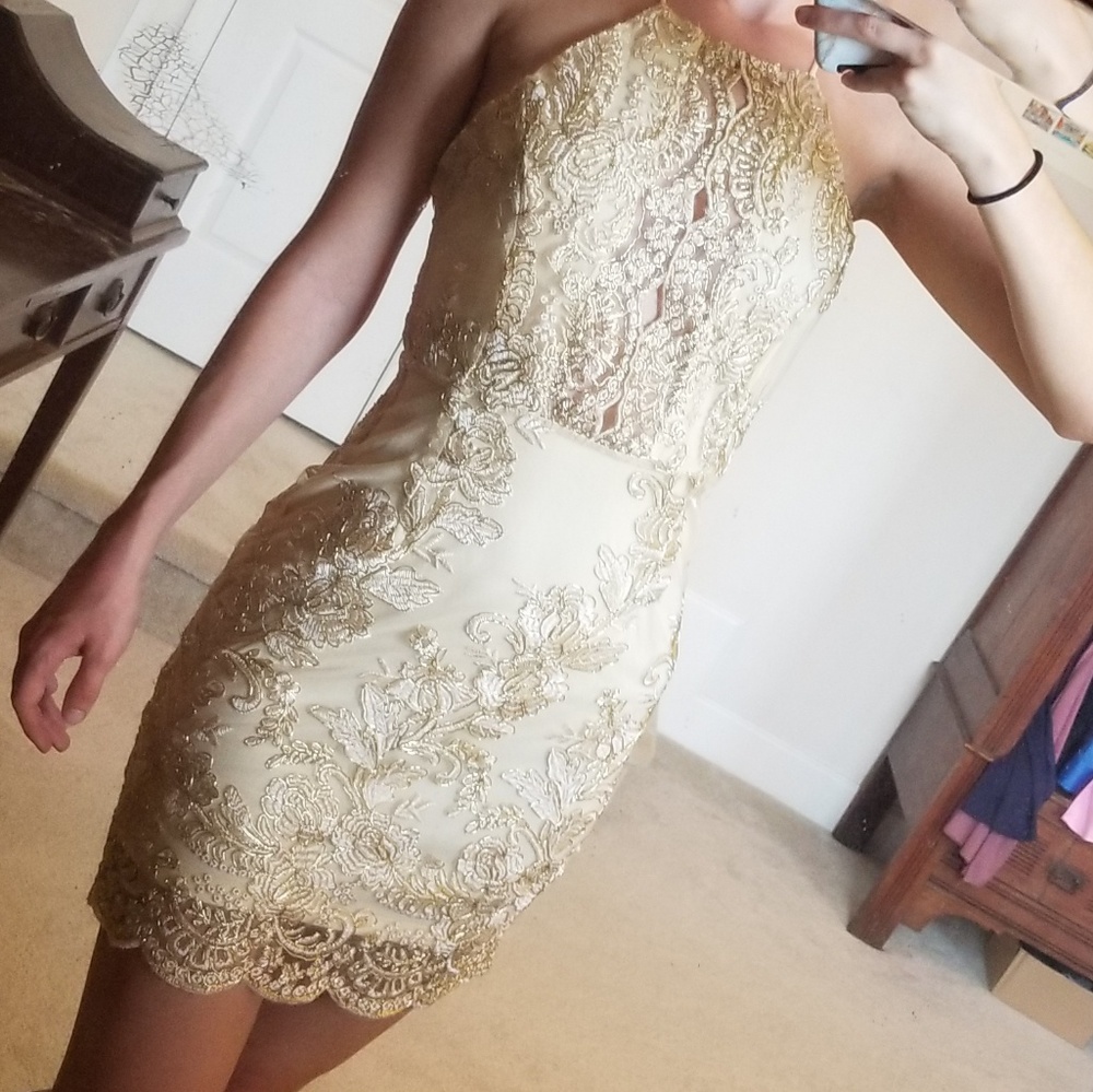 Gold Lace Overlay Open Back Mini Dress